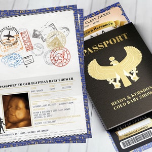 PASSPORT and TICKET, baby shower invitation- travel birthday invitation- Egypt, Egyptian, Digital files only