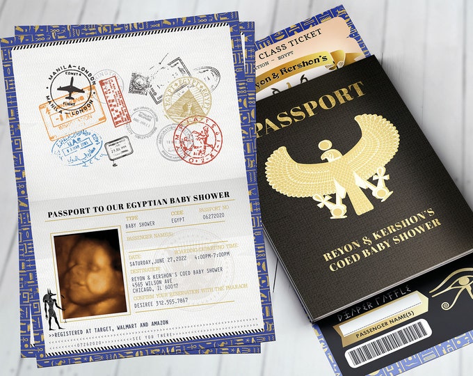PASSPORT and TICKET, baby shower invitation- travel birthday invitation- Egypt, Egyptian, Digital files only