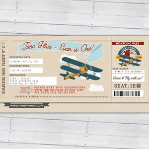 Time Flies, Vintage Airplane Boarding Pass Birthday Invitation Vintage, Airplane, first birthday, ticket invitation, Digital files only image 5