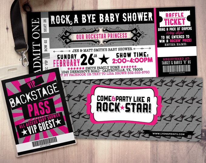Rockstar ticket baby shower invitation, Coed baby shower invitation,  Rock baby shower invitation,  couples baby shower,  music theme