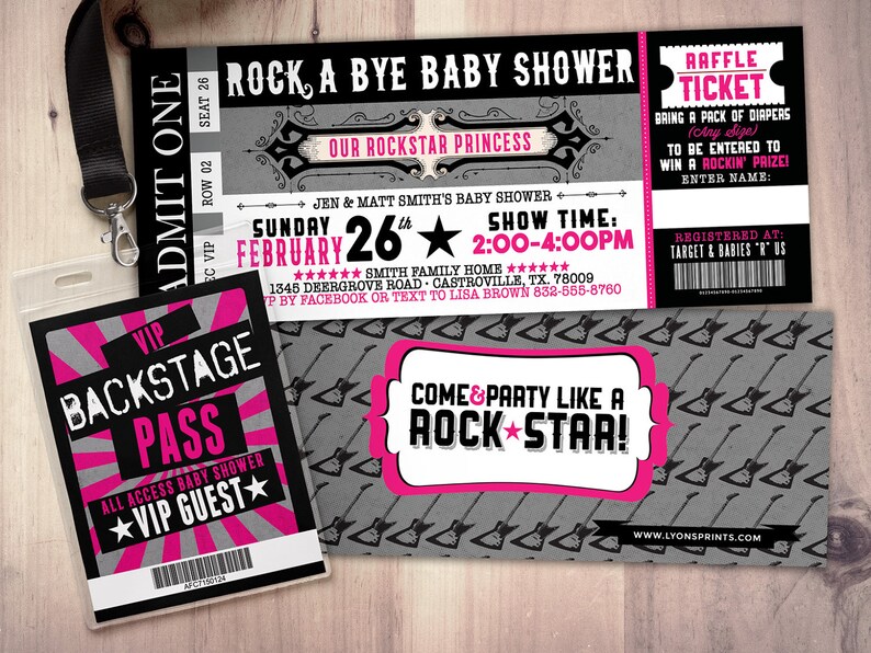 Rockstar ticket baby shower invitation, Coed baby shower invitation, Rock baby shower invitation, couples baby shower, music theme image 1