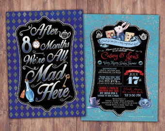 May include: Alice in Wonderland themed baby shower invitation with a blue and white background. The invitation features a white rabbit holding a pocket watch and a Cheshire cat. The text on the invitation reads "Casey & Jen's Very Merry Baby Shower" and includes the date and time of the event.