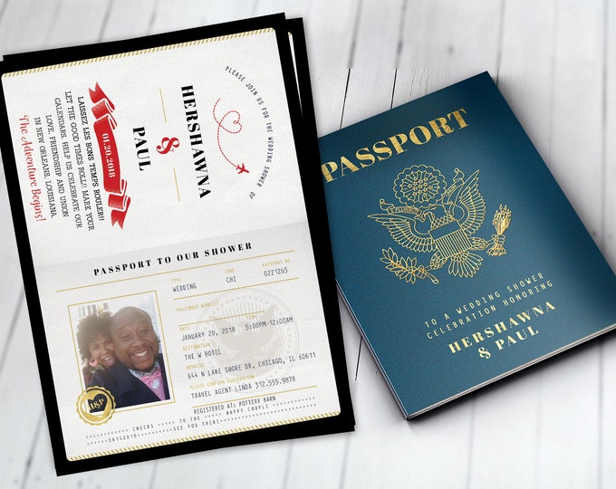 PASSPORT, couples shower, wedding shower, travel birthday invitation, customized passport, travel party, wedding invitation