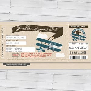 Time Flies, Vintage Airplane Boarding Pass Birthday Invitation Vintage, Airplane, first birthday, ticket invitation, Digital files only image 3