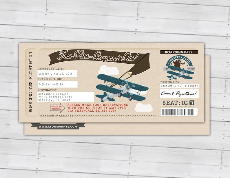 Time Flies, Vintage Airplane Boarding Pass Birthday Invitation Vintage, Airplane, first birthday, ticket invitation, Digital files only image 3