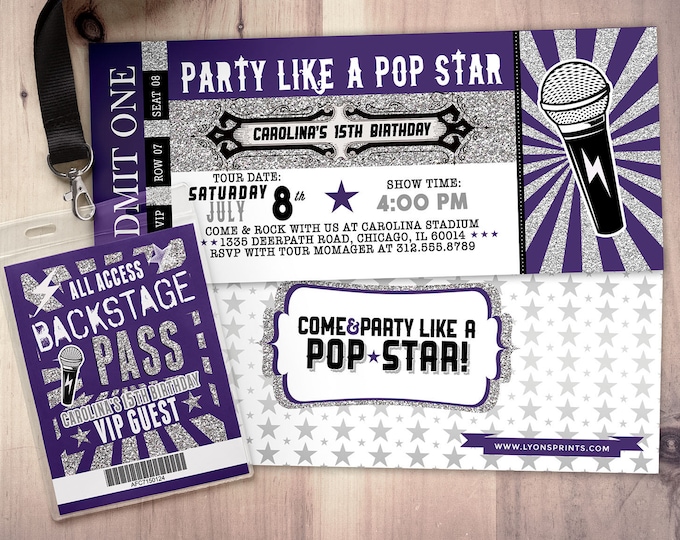 ROCK STAR concert ticket birthday party invitation- Music invitation- printable, rockstar party, pop star, animal print, 80's, invite,retro