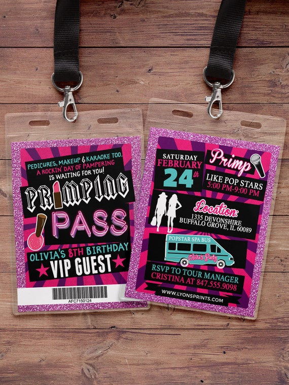 Spa party, primping, Pop star, Rock Star VIP pass birthday party invitation- primp, rockstar party, pop star, karaoke party, girl birthday Il_570xn