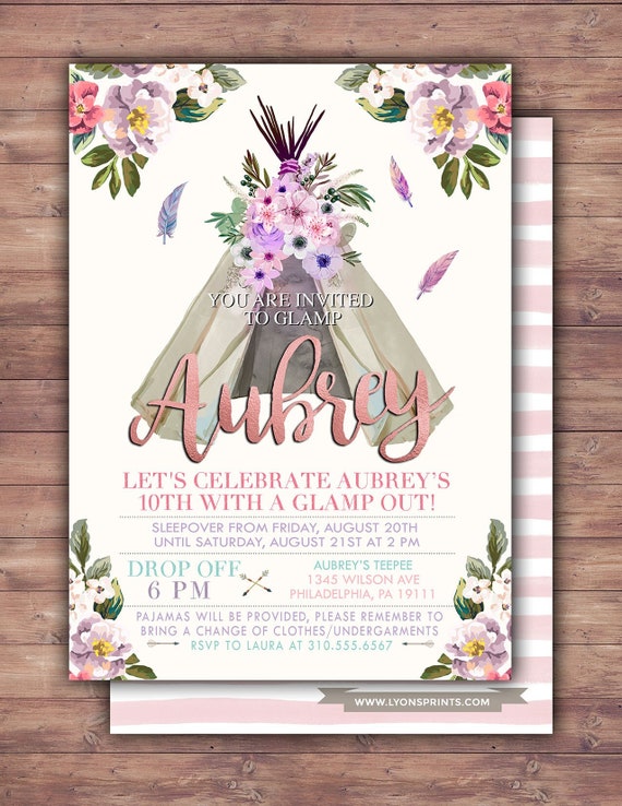 Glamping, Sleepover, camping, Teepee Birthday Invitation, pow wow, BOHO, Tribal, first birthday, 1st birthday, Gold glitter, pajama party Il_570xn