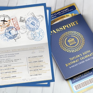Griechischer Pass und Ticket Geburtstagseinladung, Reise-Geburtstags-Party Einladung, Kreuzfahrt Einladung, Rom, Mittelmeer, nur digitale Dateien