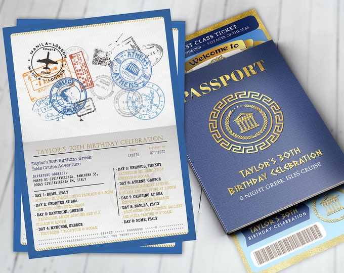 Greek Passport and ticket  birthday invitation, travel birthday party invitation, cruise invitation, Rome, mediterranean, Digital files only