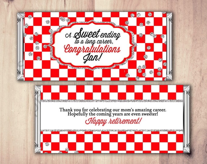 Retirement Candy Bar Wrapper, Printable Digital File, Candy Bar, retirement party, party favor, gift, thank you, checker