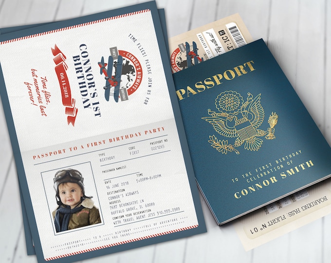 Time Flies, Vintage Airplane Boarding Pass Birthday Invitation- Vintage, Airplane, first birthday, ticket invitation, Digital files only