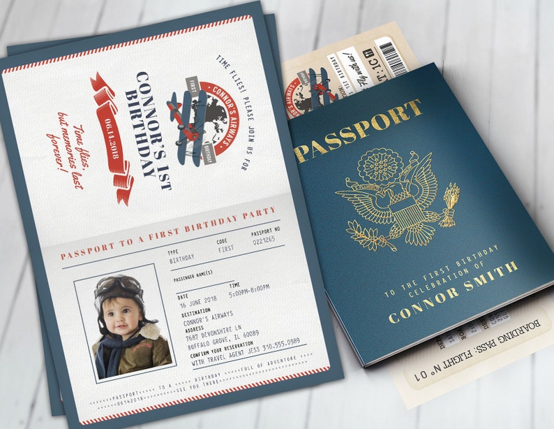 Time Flies, Vintage Airplane Boarding Pass Birthday Invitation Vintage, Airplane, first birthday, ticket invitation, Digital files only image 1