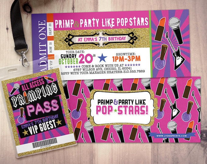 Spa party, Pop star, Rock Star concert ticket birthday party invitation- primp, rockstar party, pop star, karaoke party, girl birthday
