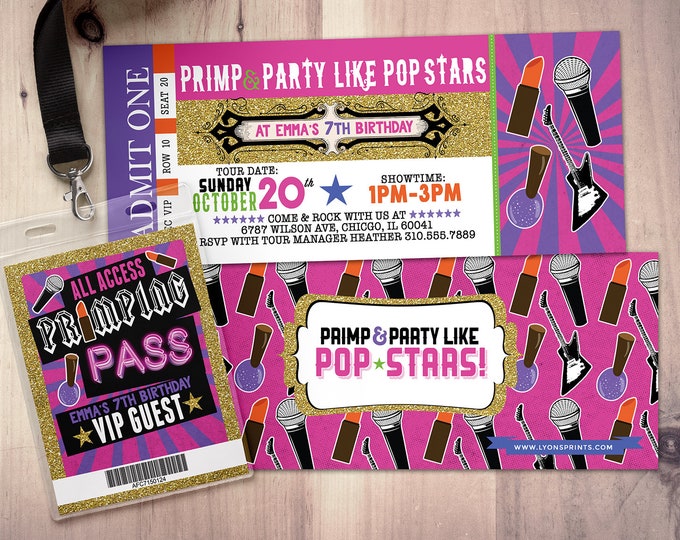 Spa party, Pop star, Rock Star concert ticket birthday party invitation- primp, rockstar party, pop star, karaoke party, girl birthday