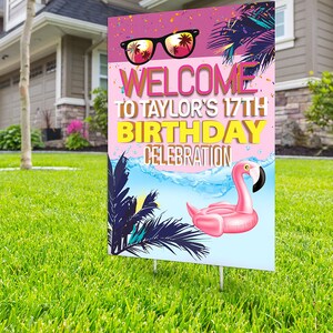 Pool party lawn sign, Digital file only, yard sign, social distancing drive-by birthday party, car birthday parade quarantine party, summer PINK -GRAPHIC
