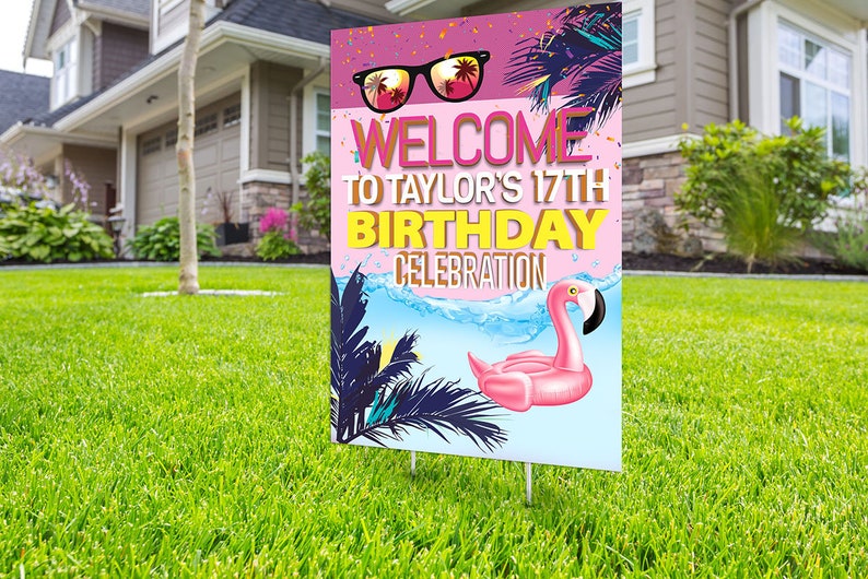 Pool party lawn sign, Digital file only, yard sign, social distancing drive-by birthday party, car birthday parade quarantine party, summer PINK -GRAPHIC