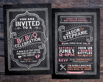May include: Black and white chalkboard style baby shower invitation with pink accents. The invitation reads "You are invited to a BBQ Celebration" and includes details about the event, including the date, time, and location. The invitation also includes the names "Jason & Stephanie" and their baby girl.