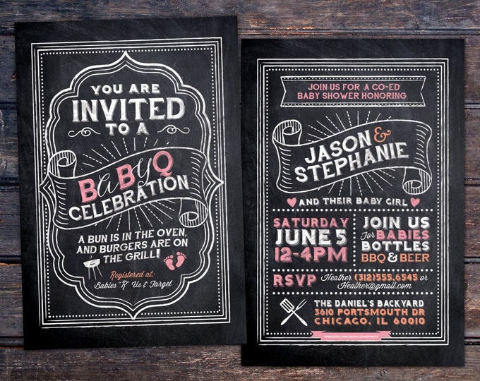 BabyQ chalkboard couples co-ed Baby Shower BBQ invitation - babyq - boy girl gender neutral - baby is brewing, baby boy, baby girl shower