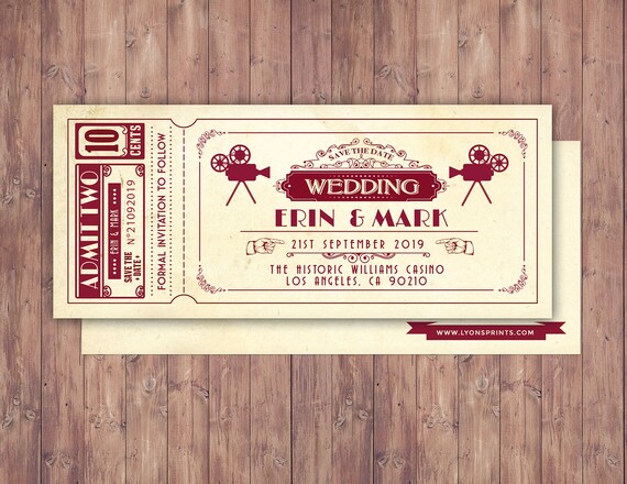Art DecoVintage Retro Save the Date Ticket Announcement, wedding invitation, wedding shower, old Hollywood , Cinema, retro cinema ticket Il_570xn