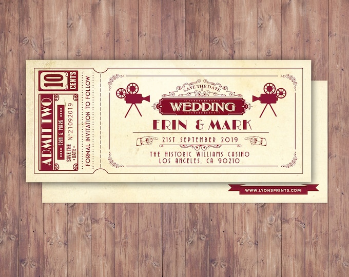 Art DecoVintage Retro Save the Date Ticket Announcement, wedding invitation, wedding shower, old Hollywood , Cinema, retro cinema ticket