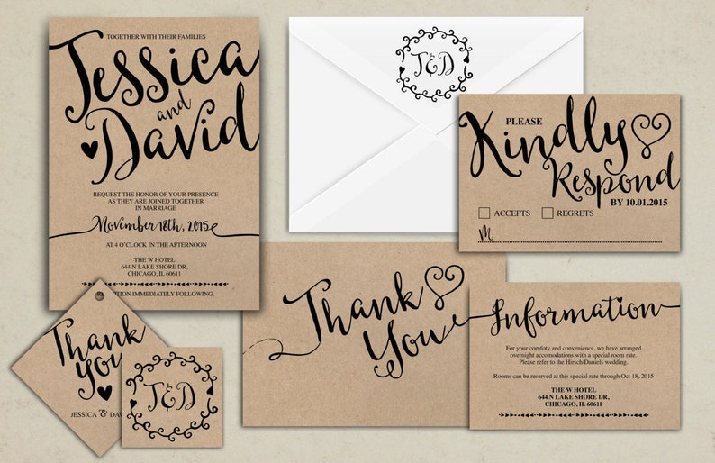 info card RSVP monogram Gold Wedding Invitation Printable Kraft,Wedding Invitation Suite hand lettered typography theme