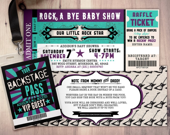 Rockstar ticket baby shower invitation, Coed baby shower invitation, Rock baby shower invitation, couples baby shower, Printable