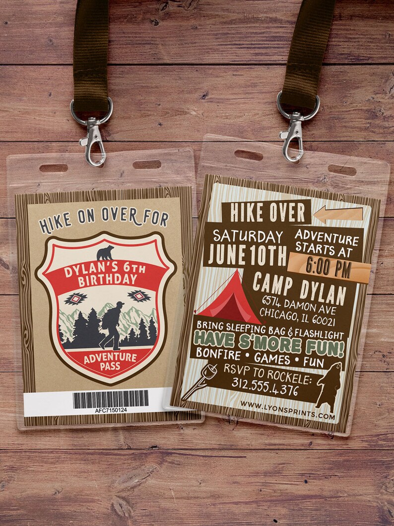 May include: A brown and tan camping-themed birthday party invitation with a red tent, a bear, and the text "HIKE OVER SATURDAY JUNE 10TH ADVENTURE STARTS AT 6:00 PM CAMP DYLAN 6574 DAMON AVE CHICAGO, IL 60021 BRING SLEEPING BAG & FLASHLIGHT HAVE S'MORE FUN! BONFIRE GAMES FUN RSVP TO ROCKELE: 312.555.4376 WWW.LYONSPRINTS.COM"