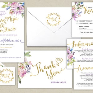 Floral, rustic, BOHO, Wedding Invitation Printable, Kraft,Wedding Invitation Suite, RSVP, monogram, info card, hand lettered typography