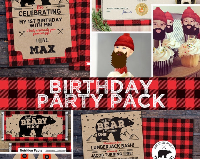 ANY AGE,Lumberjack birthday Invitation //  Buffalo Plaid Woodland Invitation // Lumberjack Invite // Rustic  //  Bear , camping, party pack