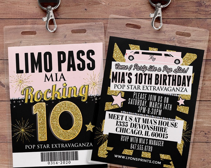 VIP PASS, Limo pass, Birthday party, 21st birthday, backstage pass, cocktail party, birthday invitation, pop star, bachelor, party bus