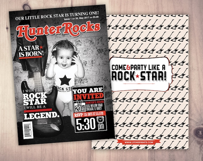 Rock Star magazine theme birthday invitation, rockstar, baby shower, rock star party, rock n roll, pop star, hip hop, guitar