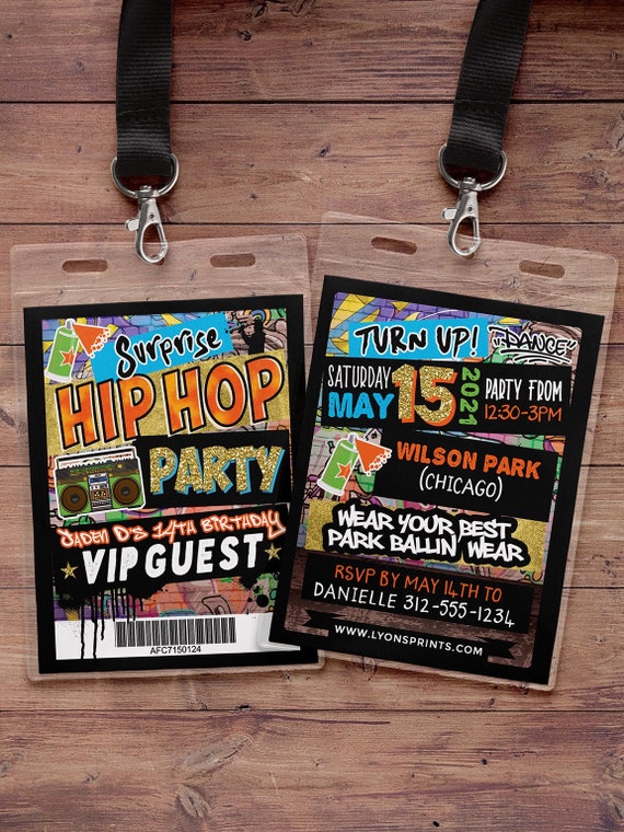 Hip Hop, glow party, VIP PASS, backstage pass, throwback party, birthday invitation, pop star, lanyard, Graffiti, birthday, neon, 90s party Il_570xn