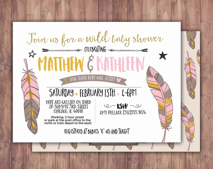 Tribal, Baby Shower Invitation, BOHO Baby shower Invite, feathers , invitation, arrows, pow wow, baby girl, baby boy, couples shower, coed