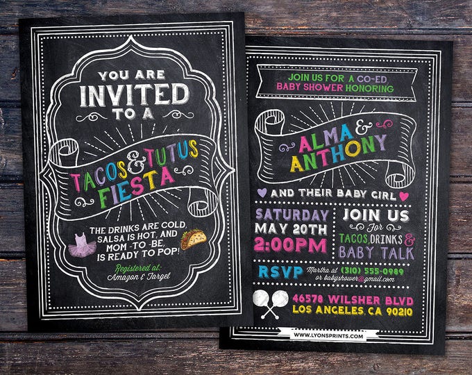 Tacos and Tutus, chalkboard couples co-ed Baby Shower BBQ invitation - babyq - baby is brewing, baby girl shower, fiesta, Mexican