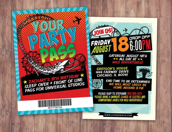 Amusement Park party, Super Hero party invitation, boy birthday invitations, roller coaster invite, theme park invite, VIP pass Il_570xn