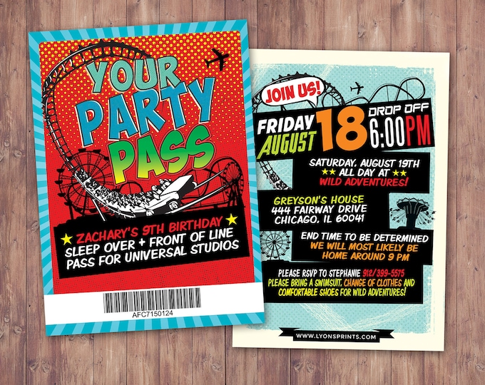 Amusement Park party, Super Hero party invitation, boy birthday invitations, roller coaster invite, theme park invite, VIP pass