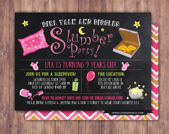 Slumber party invitation, pajama party invite, girl slumber party invitations, sleepover invitation, spa sleepover invitation