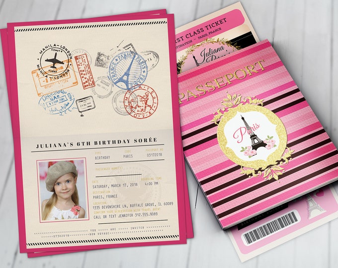 PASSPORT and TICKET birthday invitation! Girl's birthday party- travel birthday party invitation- Paris, Eiffel tower, Digital files only