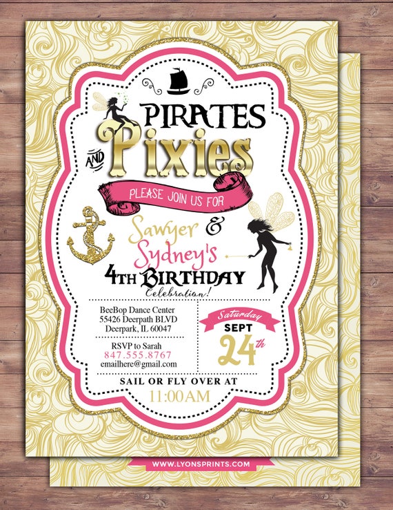 Pirates and Pixie, Party Invitations, Pirate, Princess, Pixie, Invitation, Pirate and pixie invitation ,Twins, fairy, birthday, nautical Il_570xn