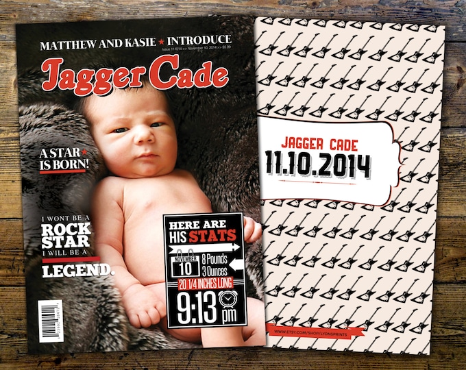 Rock Star magazine  theme birth announcement, baby boy, rockstar, baby shower, rock star party, rock n roll, pop star, hip hop