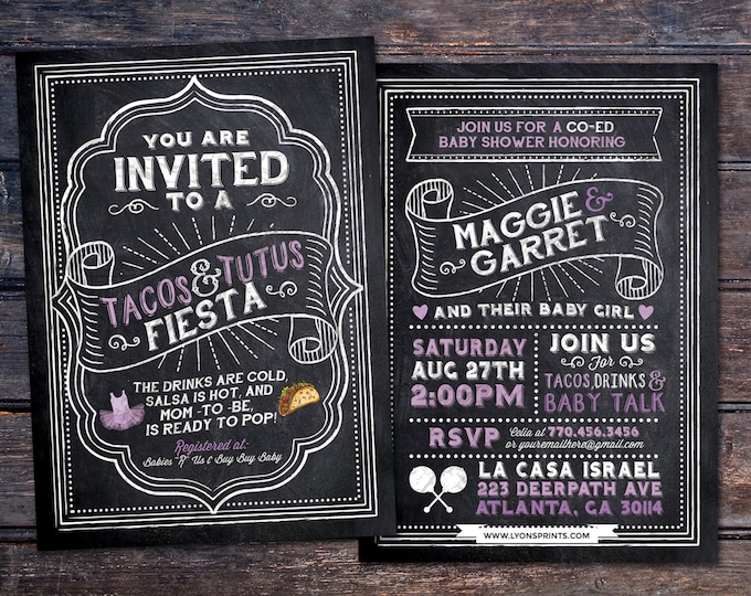 Tacos and Tutus, chalkboard couples co-ed Baby Shower BBQ invitation - babyq - baby is brewing, girl shower, fiesta, Mexican, boy shower