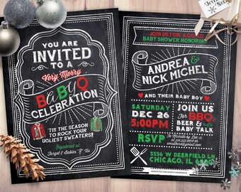 May include: A chalkboard style invitation for a co-ed baby shower. The invitation is decorated with red and green accents and features the text "Join us for a co-ed baby shower honoring Andrea & Nick Michel and their baby boy." The invitation includes the date, time, and location of the event. The text "RSVP to Michelle by Dec 15 at 310.555.9878 or emailherv@gmail.com" is also included.