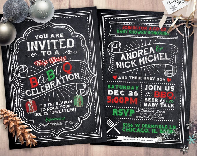 BabyQ chalkboard couples co-ed Baby Shower BBQ invitation - babyq - boy girl gender neutral - baby is brewing, baby boy, Holiday shower,