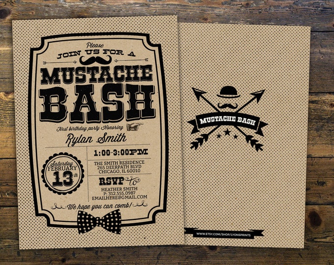 Mustache Bash birthday Invitation - Mustache Birthday Invite - Printable Invite - Little Man- birthday, first birthday, mustache, retro