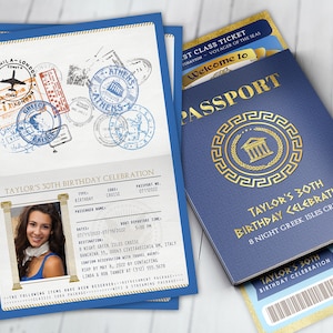 Greek Passport and ticket  birthday invitation, travel birthday party invitation, cruise invitation, Rome, mediterranean, Digital files only