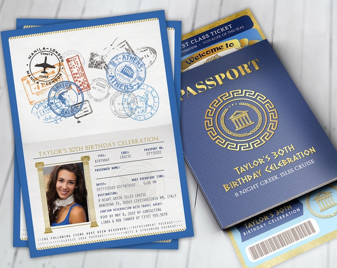 Greek Passport and ticket  birthday invitation, travel birthday party invitation, cruise invitation, Rome, mediterranean, Digital files only