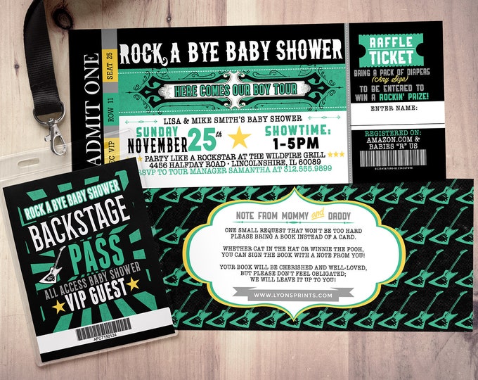 Rockstar baby shower invitation, Coed baby shower invitation, Rockabye baby shower, ticket invitation, rockstar baby