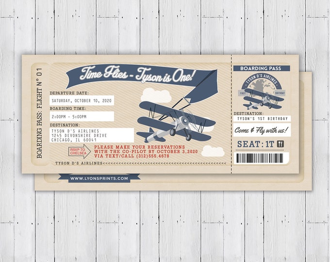 Time Flies, Vintage Airplane Boarding Pass Birthday Invitation- Vintage, Airplane, first birthday, ticket invitation, Digital files only