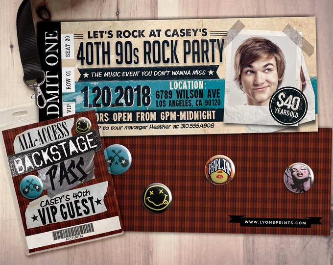 90s, Rockstar party, concert ticket, birthday party invitation, Music invitation, rockstar party, grunge,40 rocks, 30th,21st,50th, 60th,75th